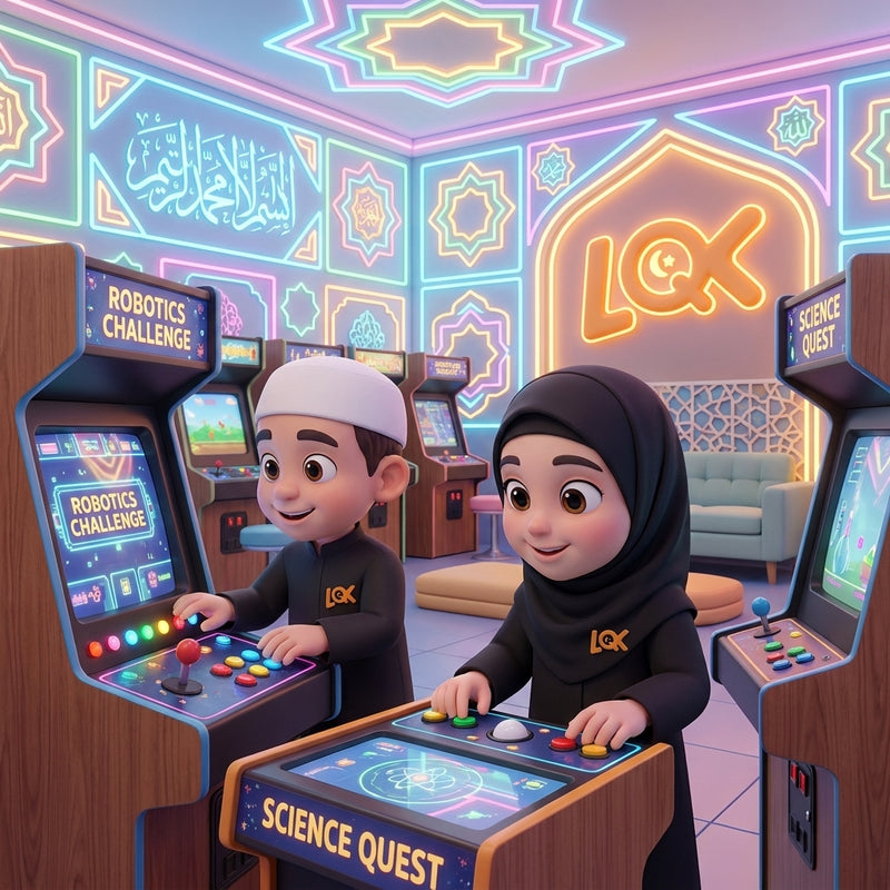 Children playing Islamic arcade learning games at LQK