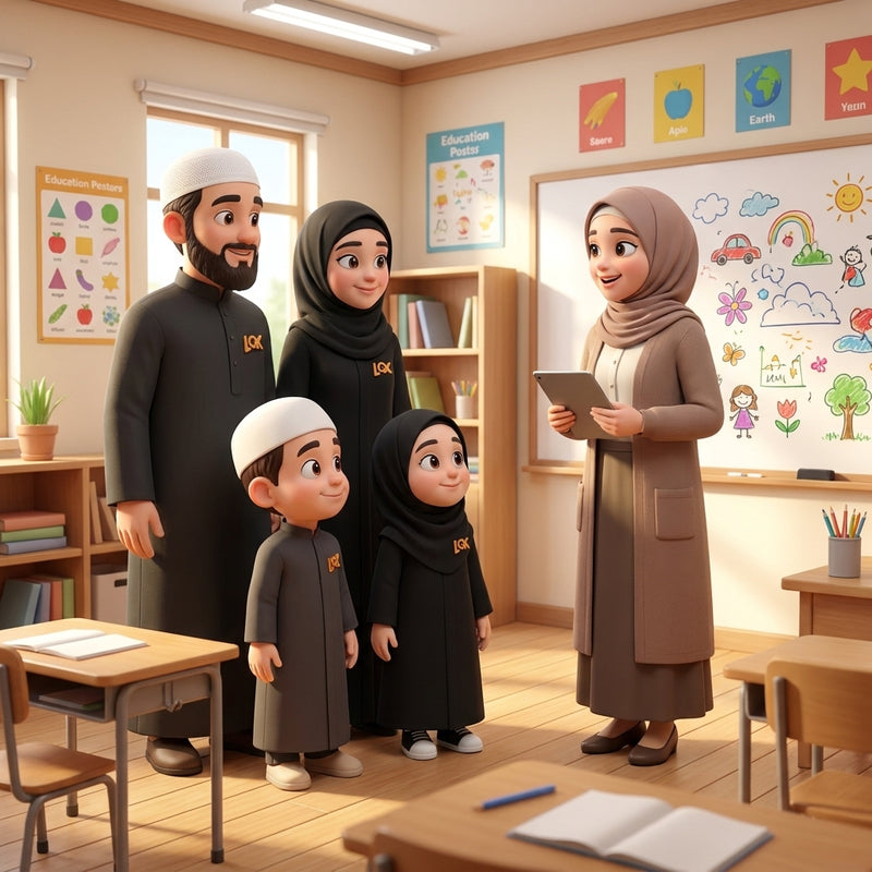 An LQK family sharing with a teacher in the classroom